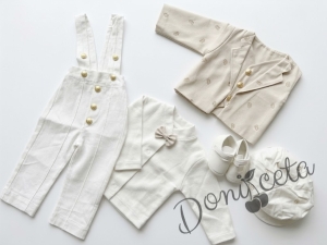 Бебешки елегантен комплект за изписване за момче в бяло и бежово от 5 части