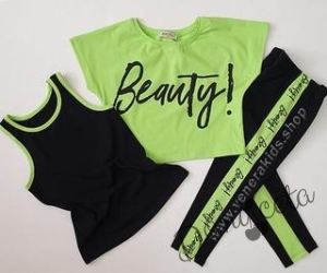 Детски летен комплект от 3 части с потник , блузка с къс ръкав в зелено/неон и клин в черно