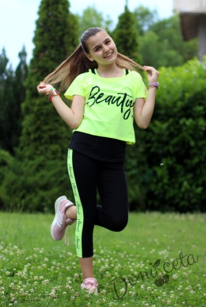 Детски летен комплект от 3 части с потник , блузка с къс ръкав в зелено/неон и клин в черно