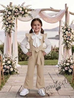 Елегантен детски дълъг гащеризон за момиче в бежово с къдрички 