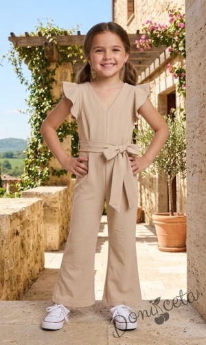 Комплект от елегантен детски дълъг гащеризон за момиче в бежово с къдрички с блуза с панделка
