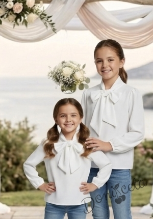 Комплект от елегантен детски дълъг гащеризон за момиче в бежово с къдрички с блуза с панделка