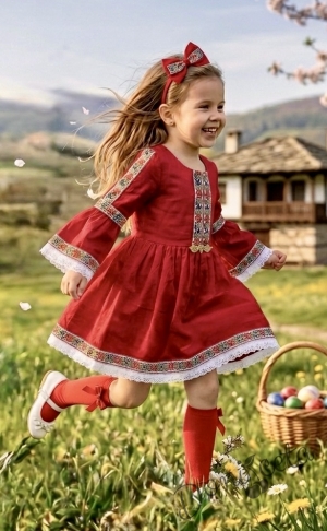 Комплект от детска етно рокля Ели в червено тип носия с ръкав до лакътя с шевица и фолклорни мотиви и престилка