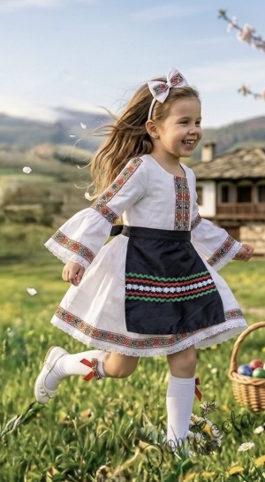 Комплект от детска етно рокля Ели в бяло тип носия с ръкав до лакътя с фолклорни мотиви и престилка