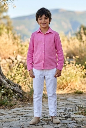 Детска риза с дълъг ръкав с яка за момче в розово 