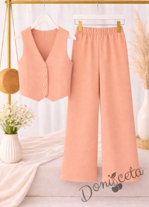 Комплект от 2 части - елек и разкроен панталон в прасковено, подходящ и за ученическа униформа