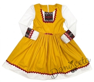 Детска рокля с дълъг ръкав в жълто с фолклорни/етно мотиви тип народна носия 45608