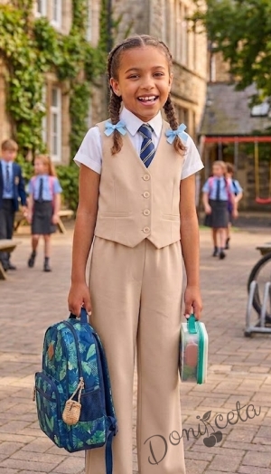 Комплект от 2 части - елек и разкроен панталон в бежово, подходящ и за ученическа униформа