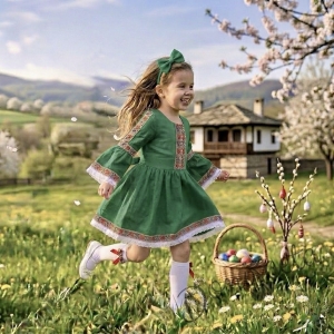 Комплект от детска етно рокля Ели в зелено тип носия с ръкав до лакътя с фолклорни мотиви и престилка в червено