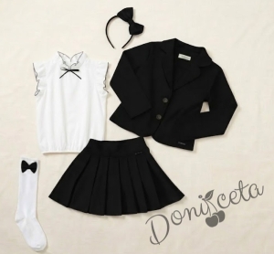 Комплект от 5 части пола Гери, сако в черно, ризка в бяло с къс ръкав и къдрички , чорапи с панделка в черно и диадема