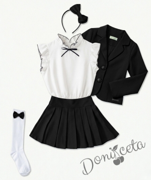 Комплект от 5 части пола Гери, сако в черно, ризка в бяло с къс ръкав и къдрички , чорапи с панделка в черно и диадема