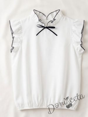 Комплект от 2 части за момиче - плисиран сукман Калина с къдрички от плат, блузка в бяло с къс ръкав с панделка и къдрички Contrast