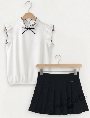 Комплект за момиче от 2 части-пола Гери в черно от трико и блузка с къс ръкав с къдрички в бяло Contrast и чорапи с панделка