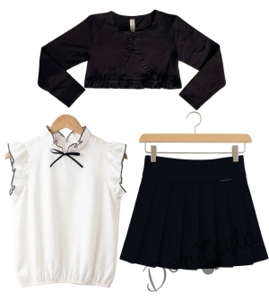 Комплект Гери от 3 части - плисирана пола от трико , болеро в черно и блузка с къс ръкав в бяло с къдрички Contrast