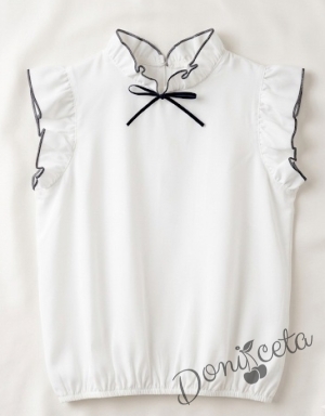 Комплект за момиче от 3 части - сако Ким, панталон с висока талия и коланче в черно и блуза с къс ръкав с панделка и къдрички в черно Contrast