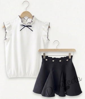 Комплект от 2 части - детска пола за момиче в черно с ластик и копчета и блузка в бяло с къс ръкав и къдрички Contrast 