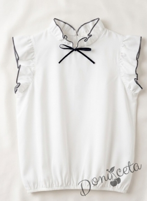 Комплект от 3 части-блузка с къс ръкав в бяло с панделка и къдрички , тюлена пола Contrast и сако Ким в черно на ситни точици