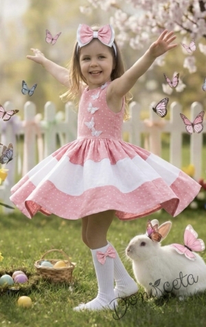 Комплект от детска рокля в розово на бели точки с 3D пеперуди Далента с диадема и чорапки