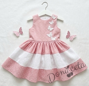 Комплект от детска рокля в розово на бели точки с 3D пеперуди Далента с диадема и чорапки