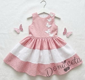 Детска официална памучна рокля в розово на бели точки Далента