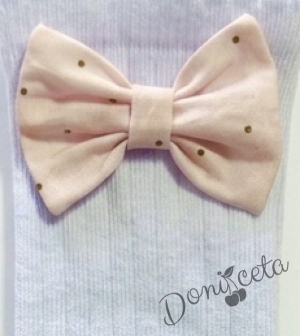 Детски чорапи до коляното в бяло с панделка в розово на точки