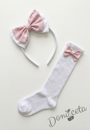 Комплект от детска рокля в розово на бели точки с 3D пеперуди Далента с диадема и чорапки