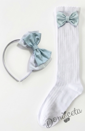 Комплект ръчно изработена диадема и чорапки с панделки в тюркоаз с бели точици