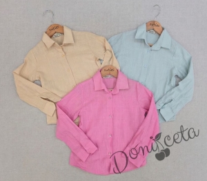 Детска риза с дълъг ръкав с яка за момиче в тюркоаз