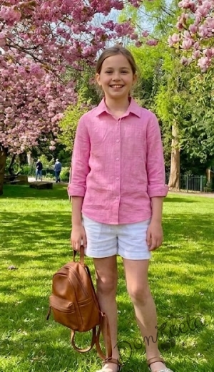 Детска риза с дълъг ръкав с яка за момиче в розово 