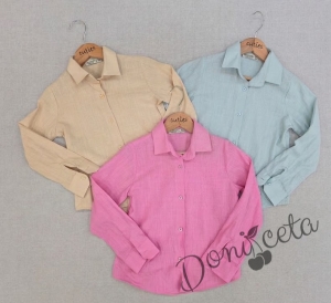 Детска риза с дълъг ръкав с яка за момиче в розово 