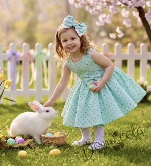 Официална или ежедневна детска/бебешка рокля в тюркоаз на точки тип клош  Вилина