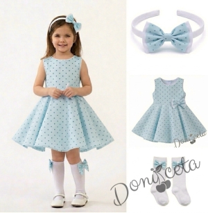 Комплект от 3 части-детска рокля клош в цвят тюркоаз Вилина на точки, диадема и чорапки 