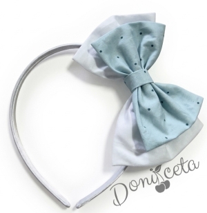 Комплект от 3 части-детска рокля клош в цвят тюркоаз Вилина на точки, диадема и чорапки 