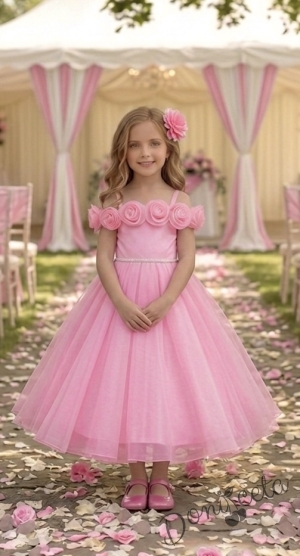 Дълга официална детска рокля Вяра с деколте декорирано с обемни 3D рози в розово 