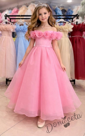 Дълга официална детска рокля Вяра с деколте декорирано с обемни 3D рози в розово 