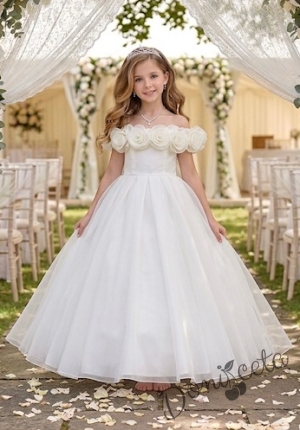 Дълга официална детска рокля Вяра с деколте декорирано с обемни 3D рози в бяло