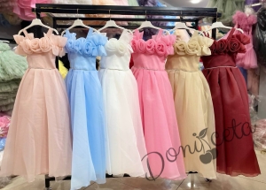 Дълга официална детска рокля Вяра с деколте декорирано с обемни 3D рози в бяло