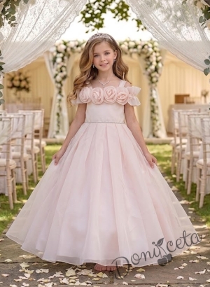 Дълга официална детска рокля Вяра с деколте декорирано с обемни 3D рози в пепел от рози