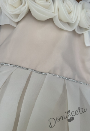 Дълга официална детска рокля Вяра с деколте декорирано с обемни 3D рози в бежово