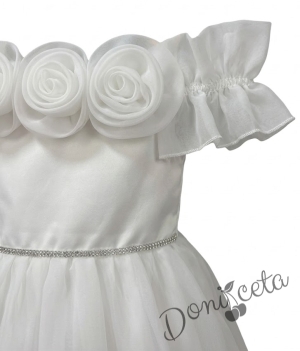 Дълга официална детска рокля Вяра с деколте декорирано с обемни 3D рози в бяло