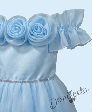 Дълга официална детска рокля Вяра с деколте декорирано с обемни 3D рози в светлосиньо