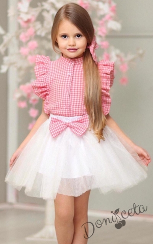 Комплект за момиче от 2 части - карирана риза с къс ръкав и туту пола в бяло