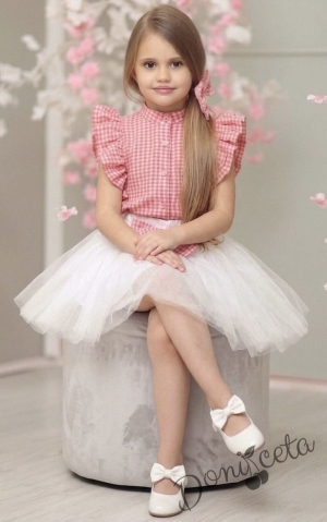 Комплект за момиче от 2 части - карирана риза с къс ръкав и туту пола в бяло