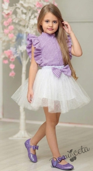 Комплект за момиче от 2 части - карирана риза с къс ръкав и туту пола в бяло