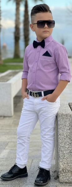 Детски комплект за момче от 3 части - риза на ситно бяло и лилаво каре с дълъг ръкав, папийонка и бял панталон