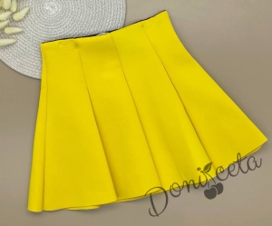 Комплект от пола в жълто и блузка в бяло с дълъг ръкав с къдрички в жълто