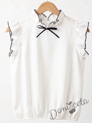 Комплект от пола в тъмносиньо и риза Contrast с черна панделка и къдрички