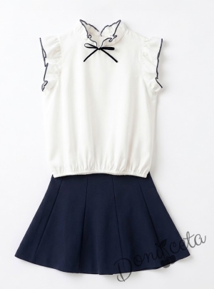 Комплект от пола в тъмносиньо и риза Contrast с черна панделка и къдрички