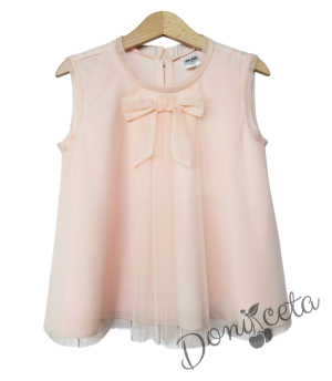 Детска блуза без ръкав в цвят пудра с панделка за момиче Вая 1