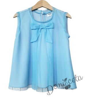 Детска блуза без ръкав в светлосиньо с панделка за момиче Вая 1